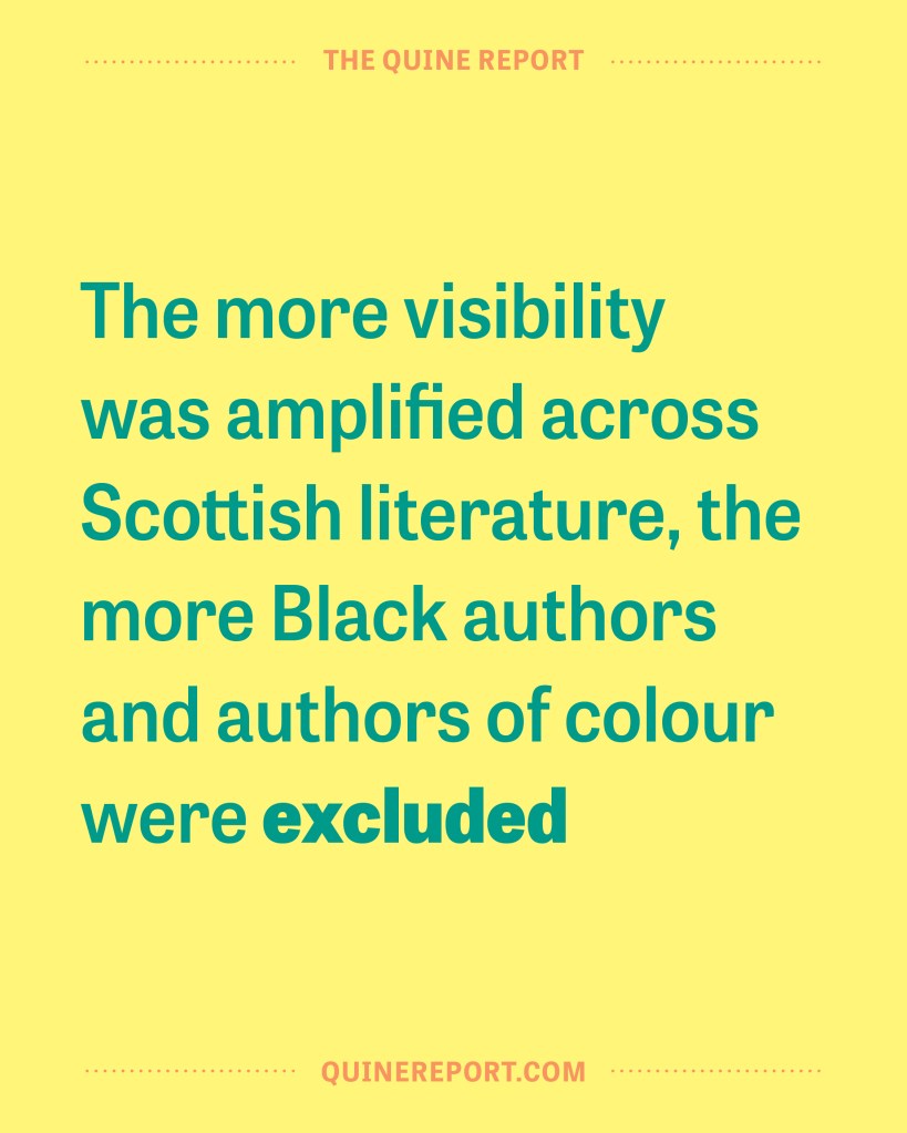 Yellow background with green text reading "The more visibility was amplified across Scottish literature, the more Black authors and authors of colour were excluded."